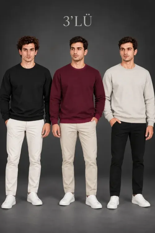 Erkek 3Lü Bisiklet Yaka İçi Şardonlu 2 İplik Düz Uzun Kollu Regular Fit Sweatshirt - Siyah - Bordo - Gri