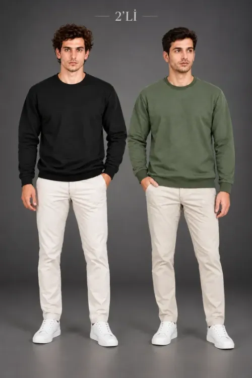 Erkek 2Li Bisiklet Yaka İçi Şardonlu 2 İplik Düz Uzun Kollu Regular Fit Sweatshirt - Siyah - Haki