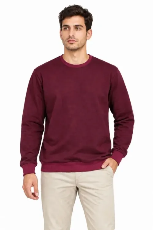 Erkek Bisiklet Yaka İçi Şardonlu 2 İplik Düz Uzun Kollu Regular Fit Sweatshirt -Bordo