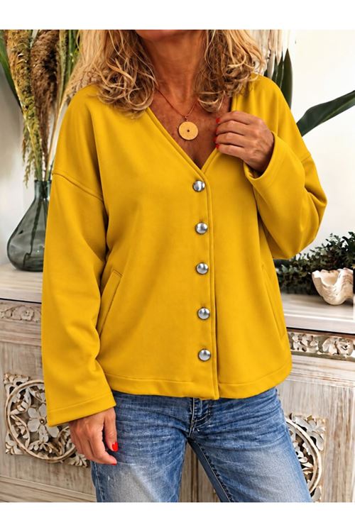 Kadın Düğme Detaylı V Yaka Oversize Hardal Sarısı Ceket / Hırka