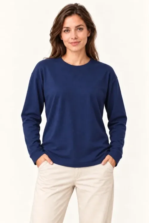 Modal Yumuşak Dokulu Bisiklet Yaka Uzun Kollu Tişört Sweatshirt - Lacivert