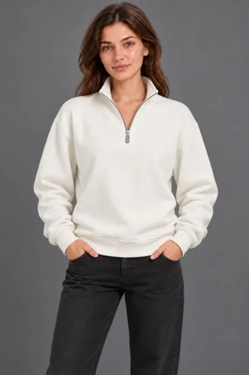 Üç İplik İçi Şardonlu Dik Yaka Yarım Fermuarlı Kışlık Sweatshirt - Beyaz