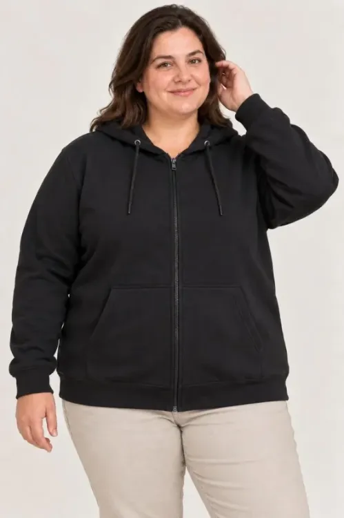 Battal Büyük Beden Üç İplik İçi Şardonlu Kapüşonlu Tam Fermuarlı Kışlık Sweatshirt - Siyah