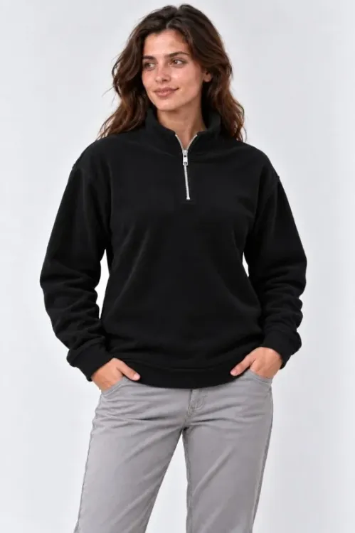 Polar Dik Yaka Yarım Fermuarlı Uzun Kollu Regular Fit Kışlık Sweatshirt - Siyah