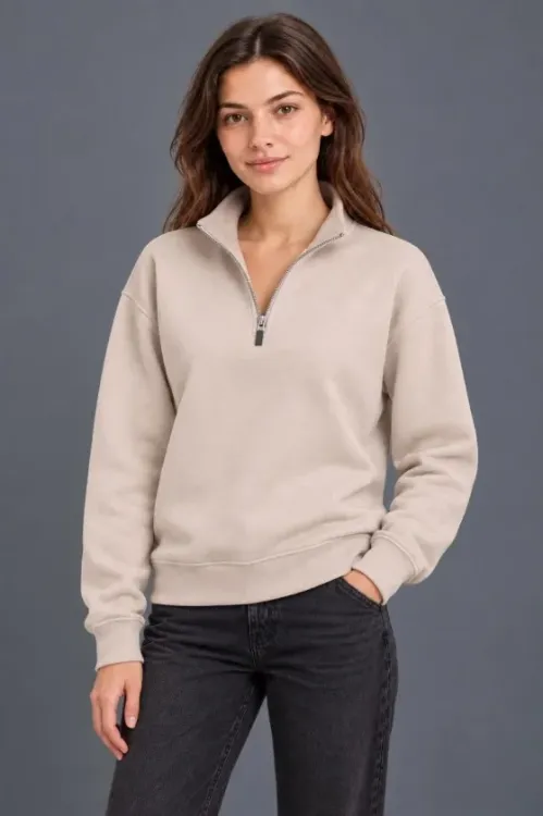 Üç İplik İçi Şardonlu Dik Yaka Yarım Fermuarlı Kışlık Sweatshirt - Bej