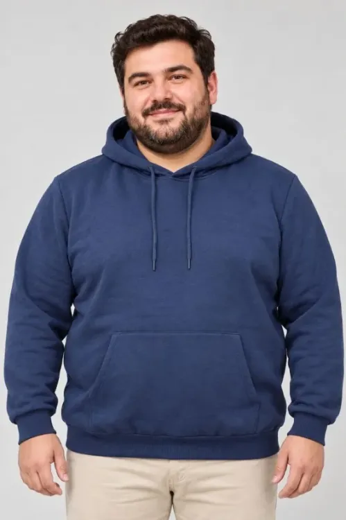 Erkek Battal Büyük Beden Üç İplik İçi Şardonlu Kapüşonlu Kanguru Cepli Kışlık Sweatshirt - Lacivert