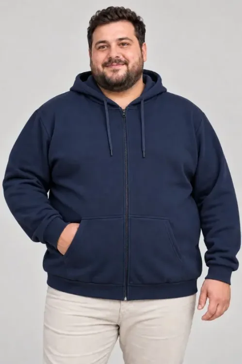 Erkek Battal Büyük Beden Üç İplik İçi Şardonlu Kapüşonlu Tam Fermuarlı Kışlık Sweatshirt - Lacivert