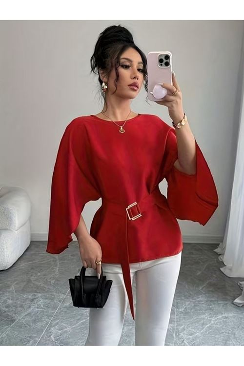 Kadın Uzun Kollu Yuvarlak Yakalı Yarasa Kollu Belden Kuşaklı Atlas Bluz