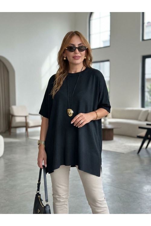 Kadın Bisiklet Yaka Kısa Yarasa Kollu Yanları Yırtmaçlı Oversize Dökümlü Merserize Bluz