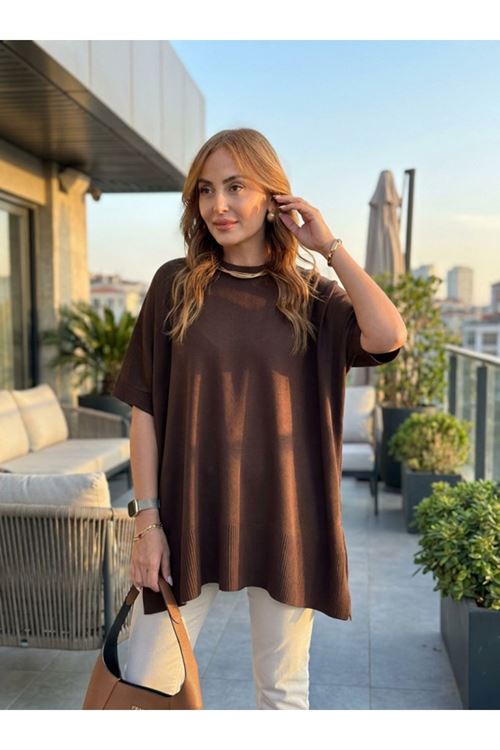 Kadın Bisiklet Yaka Kısa Yarasa Kollu Yanları Yırtmaçlı Oversize Dökümlü Merserize Bluz