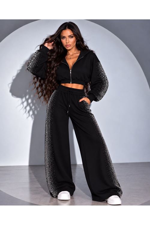 Kadın Taş Baskı Detaylı Fermuarlı Crop Sweatshirt Ve Geniş Paça Eşofman Takımı