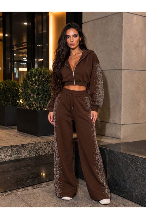 Kadın Taş Baskı Detaylı Fermuarlı Crop Sweatshirt Ve Geniş Paça Eşofman Takımı