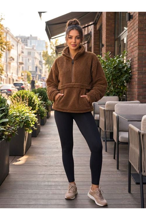 Kadın Yarım Fermuarlı Kanguru Cepli Peluş Wellsoft Sweatshirt