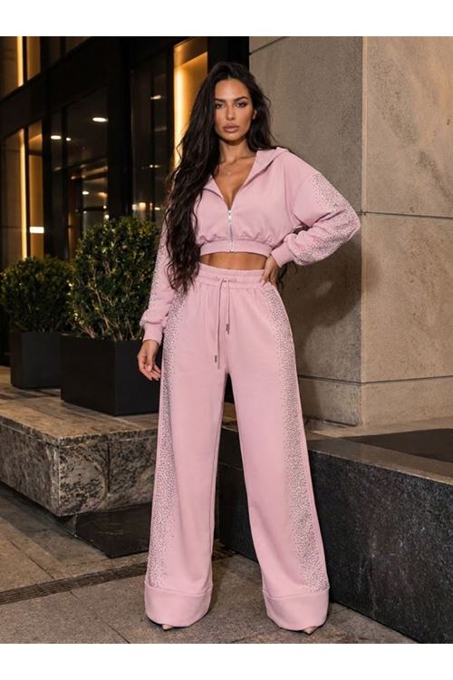Kadın Taş Baskı Detaylı Fermuarlı Crop Sweatshirt Ve Geniş Paça Eşofman Takımı