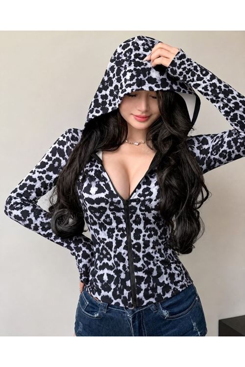 Kadın Uzun Kollu Kapşonlu önden Fermuarlı Leopar Desenli şardonlu Dalgıç Ceket