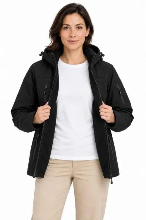 Su Geçirmez Softshell İçi Polar Astarlı Çıkarılabilir Kapüşonlu 4 Cepli Mont Ceket - Siyah