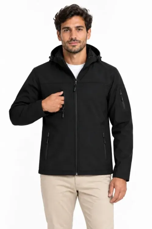 Erkek Su Geçirmez Softshell İçi Polar Astarlı Çıkarılabilir Kapüşonlu 4 Cepli Mont Ceket - Siyah