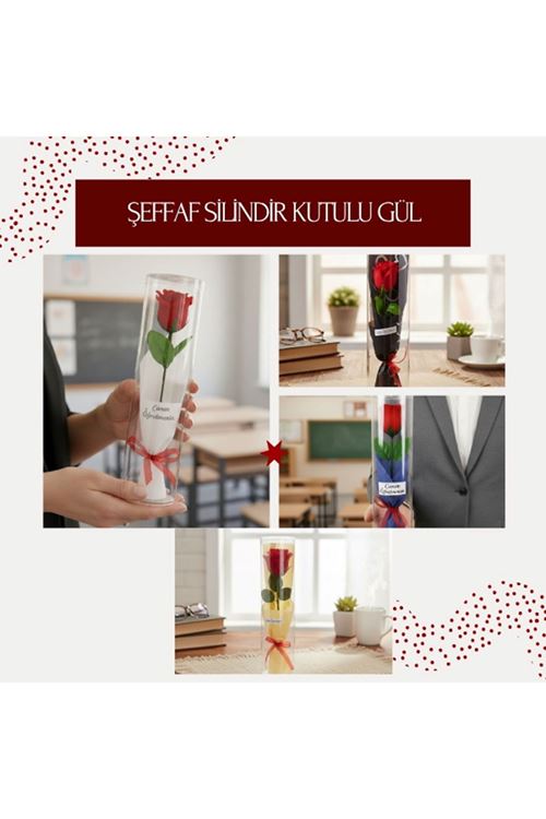 Şeffaf Silindir Kutulu Gül - Öğretmenler Günü Hediyesi