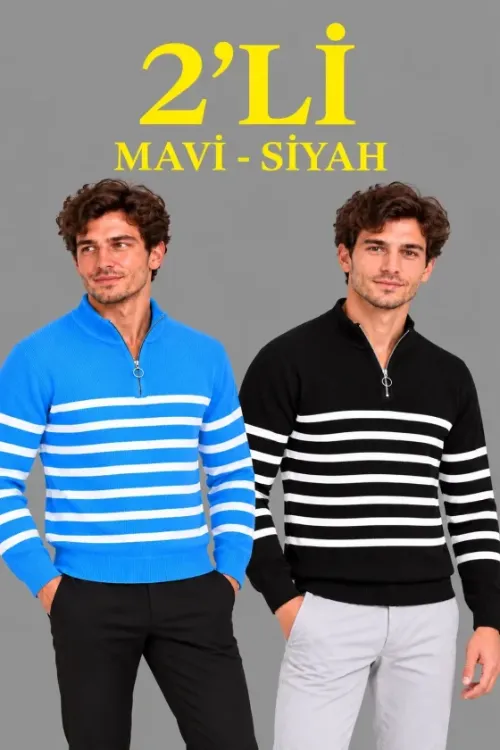 Erkek 2Li Dik Yaka Yarım Fermuarlı Çizgili Selanik Örgü Triko Kazak - Mavi - Siyah
