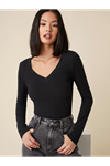Kadın Siyah V Yaka Uzun Kollu Bluz