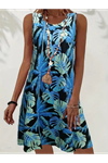 Kadın Mavi Yaprak Baskılı Askılı Süprem Elbise