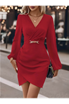 Kadın Uzun Kollu Kruvaze Yaka Yandan Büzgülü Asimetrik Detaylı Ithal Krep Mini Elbise
