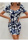 Kadın Kısa Kollu Kruvaze Yakalı çiçek Baskılı Süprem Elbise