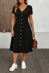 Kadın Kısa Kollu V Yakalı önden Düğmeli A Kesim Dokuma Elbise