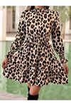 Kadın Uzun Kollu Yarı Balıkçı Yaka Leopar Desenli Modal Mini Elbise