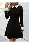 Kadın Uzun Kollu Yakalı Düğmeli Kısa Modal Mini Elbise