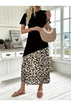 Kadın Kısa Kollu Bisiklet Yaka Leopar Detaylı Midi üst Viskon Alt Süprem Elbise