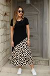 Kadın Kısa Kollu Bisiklet Yaka Leopar Detaylı Midi üst Viskon Alt Süprem Elbise