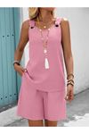 Kadın Askılı Yuvarlak Yaka Kuş Gözü Detaylı Bürümcük Bluz Ve Short Ikili Takım