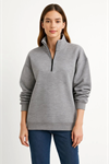 Üç İplik Dık Yaka Yarım Fermuarlı SweatShirt - Gri
