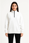 Üç İplik Dık Yaka Yarım Fermuarlı SweatShirt - Beyaz