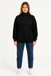 Üç İplik Dık Yaka Yarım Fermuarlı SweatShirt - Siyah
