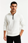 Erkek Dik Yaka Sweatshirt Dik Yaka Yarım Fermuarlı 3 İplik Şardonlu Pamuk Kumaş - Beyaz