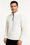 Erkek Dik Yaka Sweatshirt Dik Yaka Yarım Fermuarlı 3 İplik Şardonlu Pamuk Kumaş - Beyaz