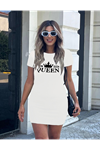 Kadın Kısa Kollu Queen Baskı Iki Iplik Mini Elbise
