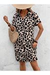 Kadın Kısa Kollu Yakalı Leopar Desenli Süprem Elbise