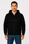 Erkek Üç İplik Kapüşonlu Tam Fermuarlı Kanguru Çepli SweatShirt Hoodie - Siyah