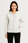 Üç İplik Kapüşonlu Tam Fermuarlı Kanguru Çepli SweatShirt Hoodie - Beyaz