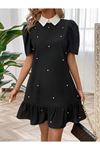 Kadın Kısa Kollu Yakalı Inci Detaylı Kısa Ithal Krep Elbise