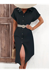 Kadın Kısa Kollu Yakalı Düğme Detay Midi Dokuma Elbise