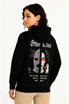 Üç İplik Kapşonlu ön Ve Arka Baskılı SweatShirt Hoodie- Siyah
