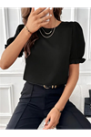 Kadın Kısa Kollu Bisiklet Yaka Kolları Gipeli Ithal Krep Bluz