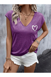 Kadın Kısa Kollu V Yakalı Kalp Baskılı Viskon Bluz