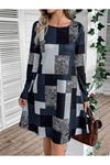 Kadın Uzun Kollu Yuvarlak Yaka Geometrik Süprem Elbise