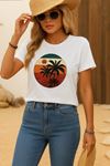Kadın Kısa Kollu Palmiye Baskılı Viskon T-shirt