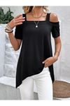 Kadın Kısa Kollu Omuzlardan Açık Askılı Asimetrik Kesim Viskon Bluz